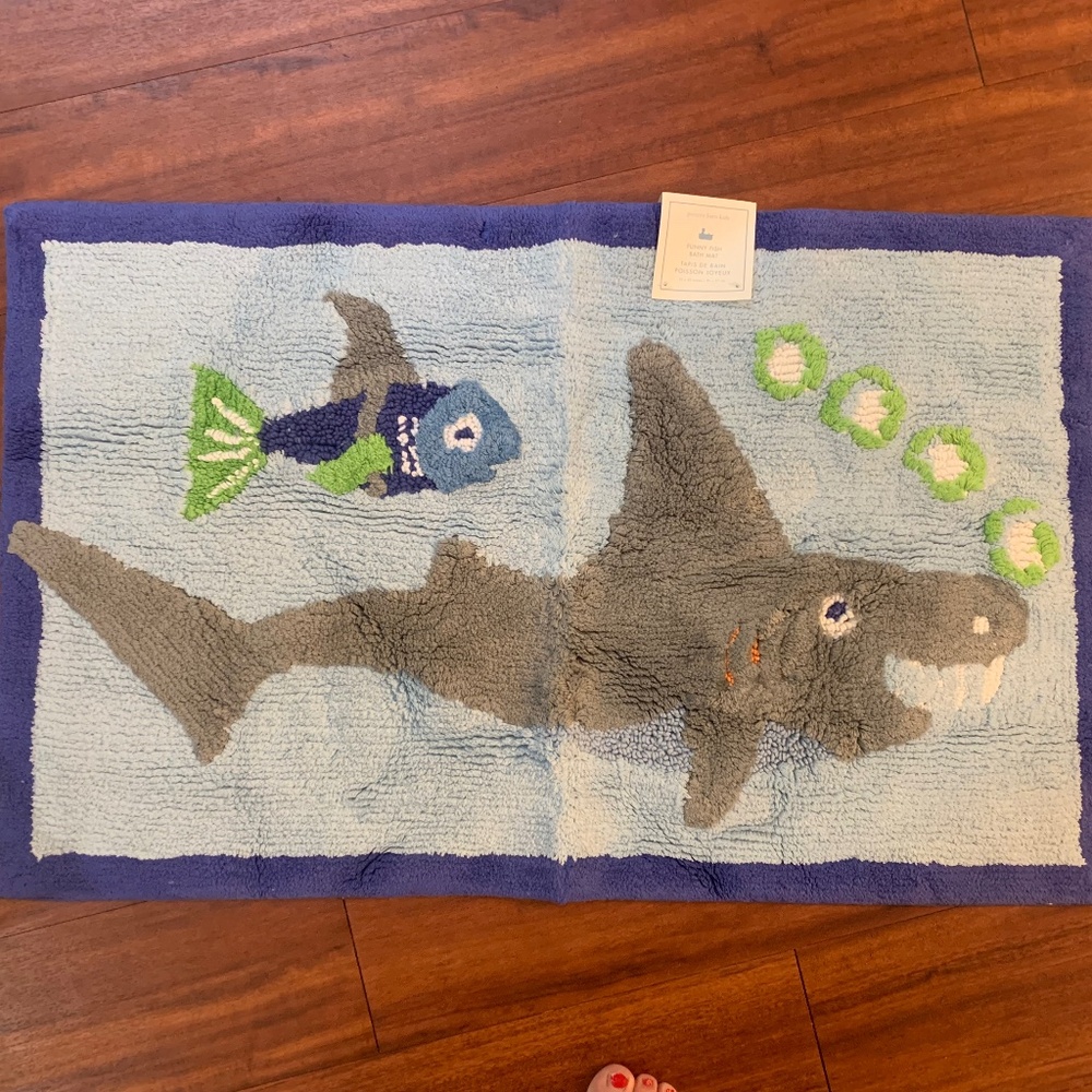 Pottery Barn Kids Shark Fish Ocean Bathmat Bath Rug Brand New with tags NWT blue
